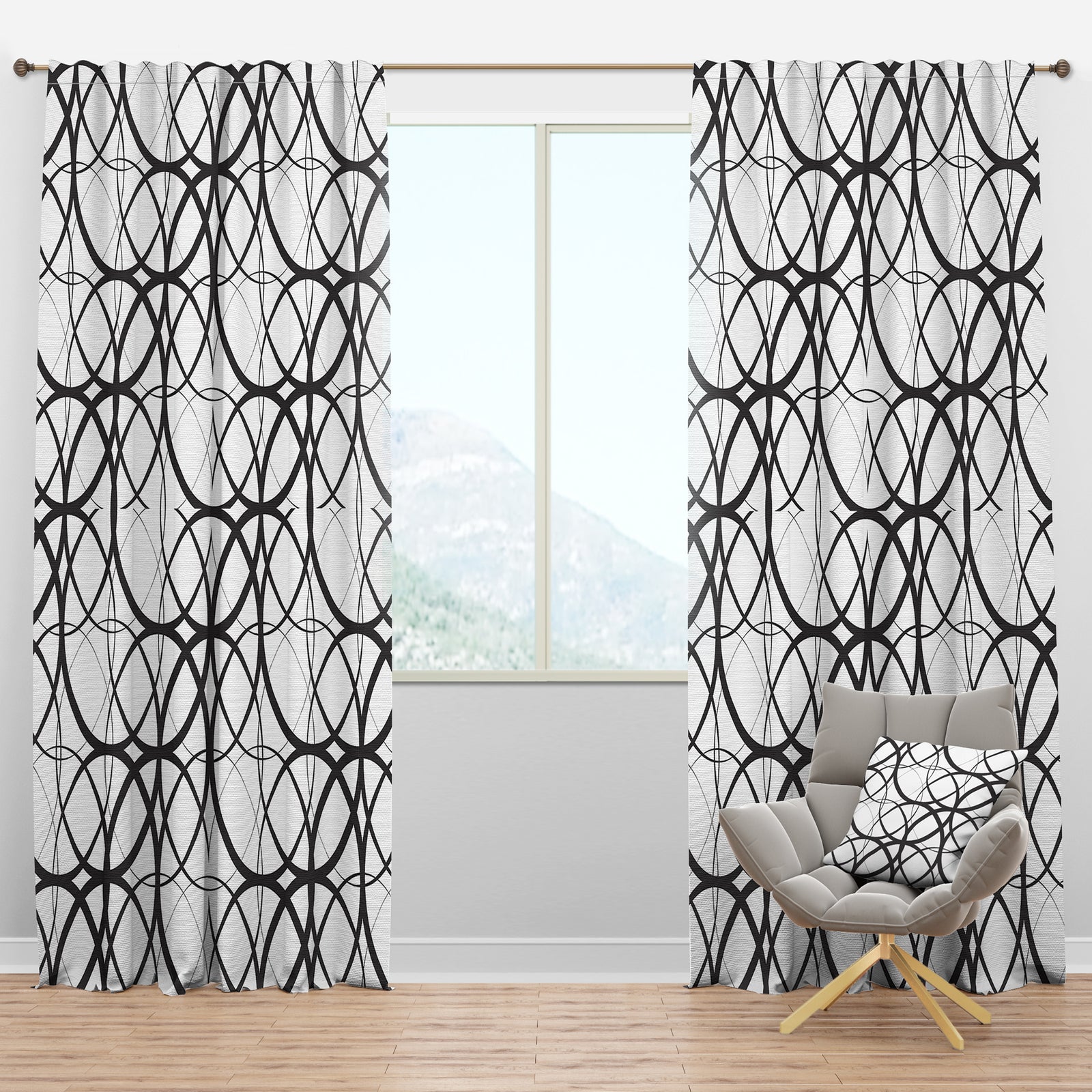 Monochrome Geometric Pattern - Mid-Century Modern Curtain Panels