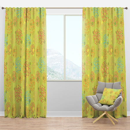 Retro Handdrawn Flowers On Green - Mid-Century Modern Curtain Panels