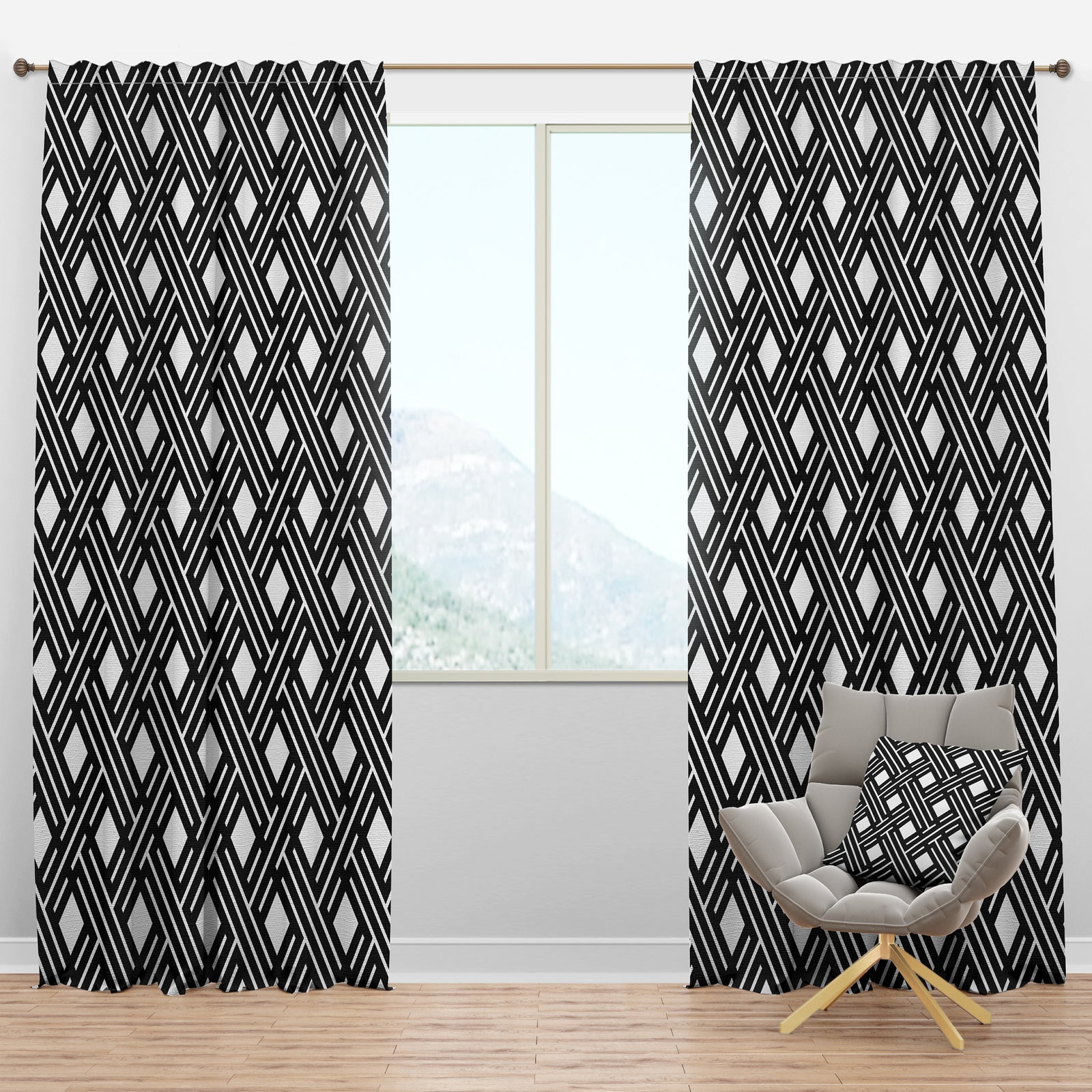 Monochrome Geometric Pattern II - Mid-Century Modern Curtain Panels