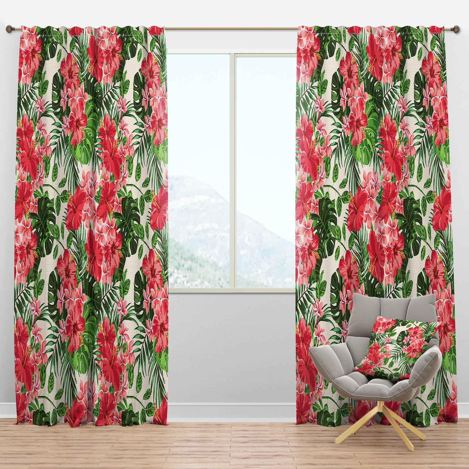 Tropical Leaves and Flowers I - Mid-Century Modern Curtain Panels