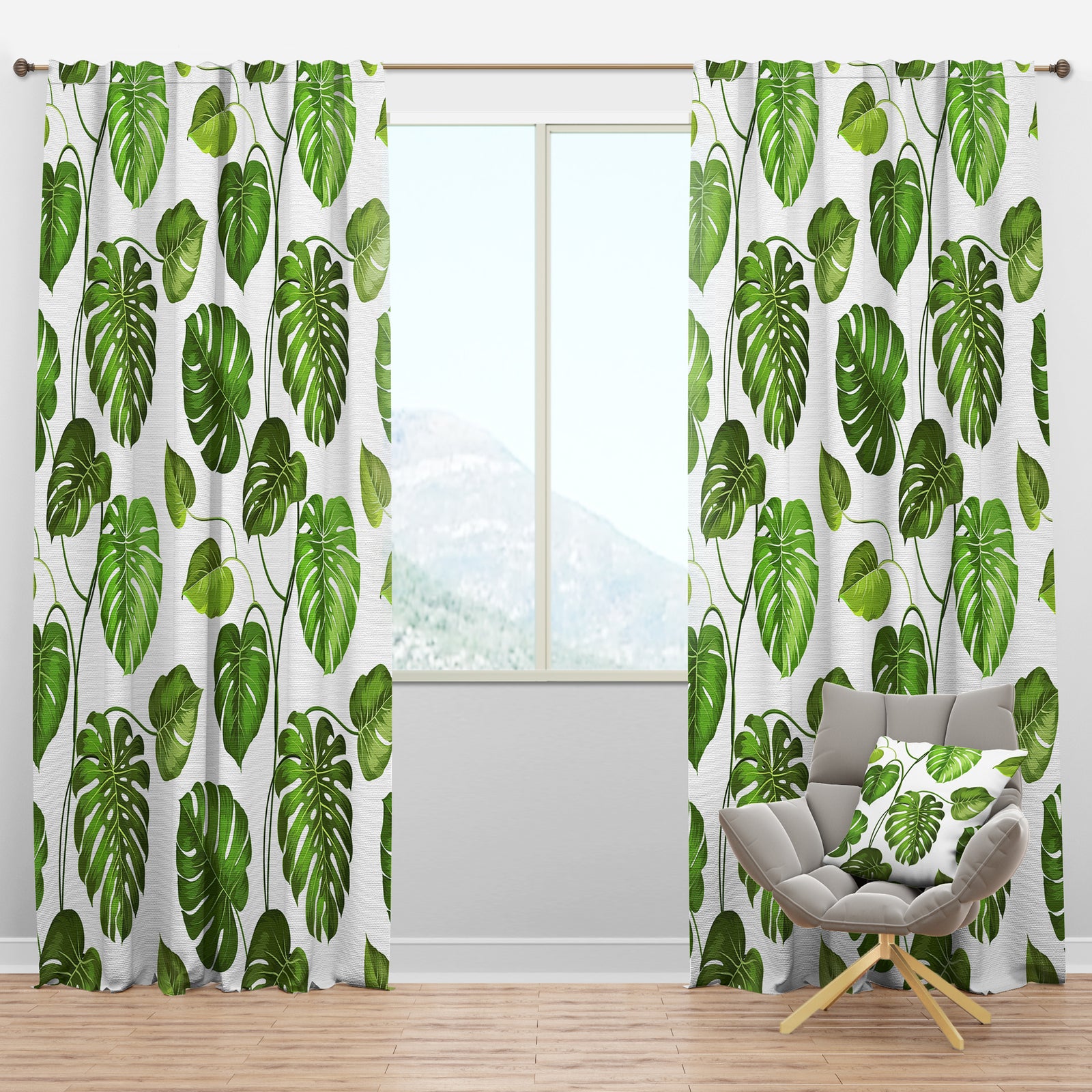 Tropical Palm Leaves II - Mid-Century Modern Curtain Panels