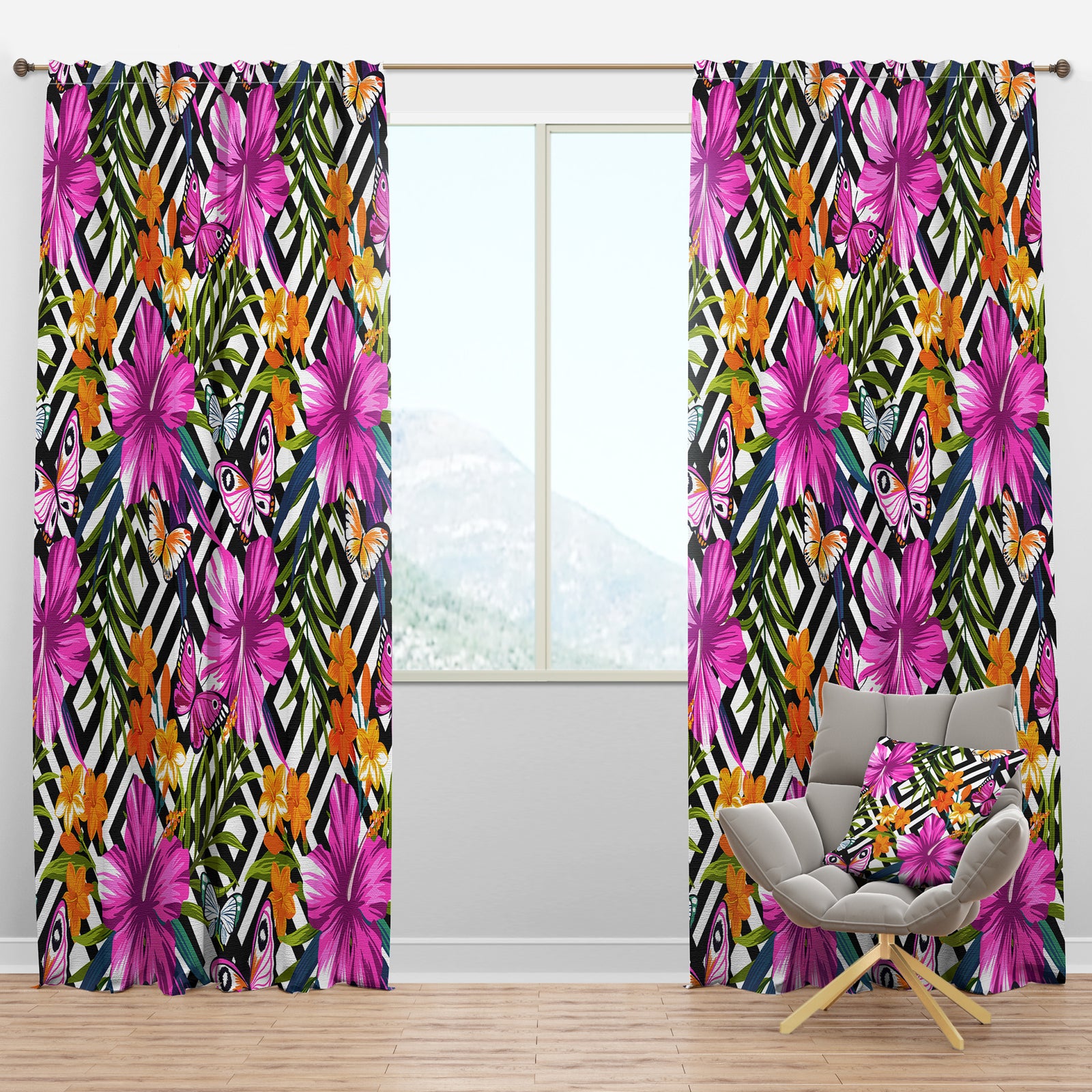 Tropical Foliage And Geometrics - Mid-Century Modern Curtain Panels