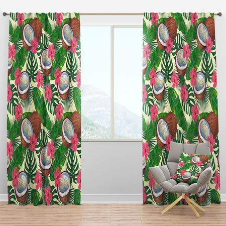Tropical Cooconut and Jungle Flowers - Mid-Century Modern Curtain Panels