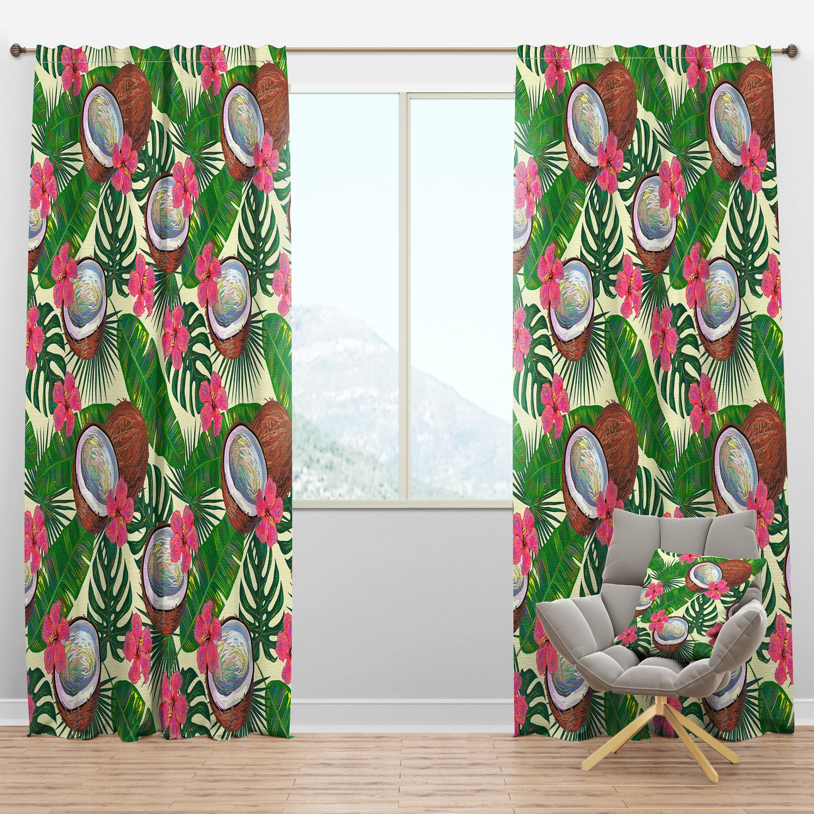 Tropical Cooconut and Jungle Flowers - Mid-Century Modern Curtain Panels