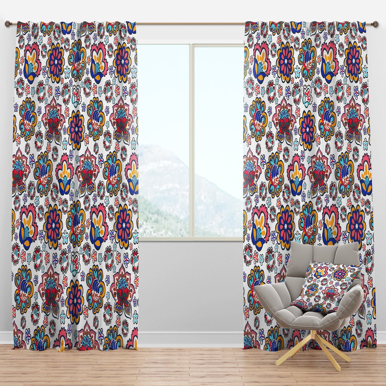 Retro handdrawn flowers II - Mid-Century Modern Curtain Panels
