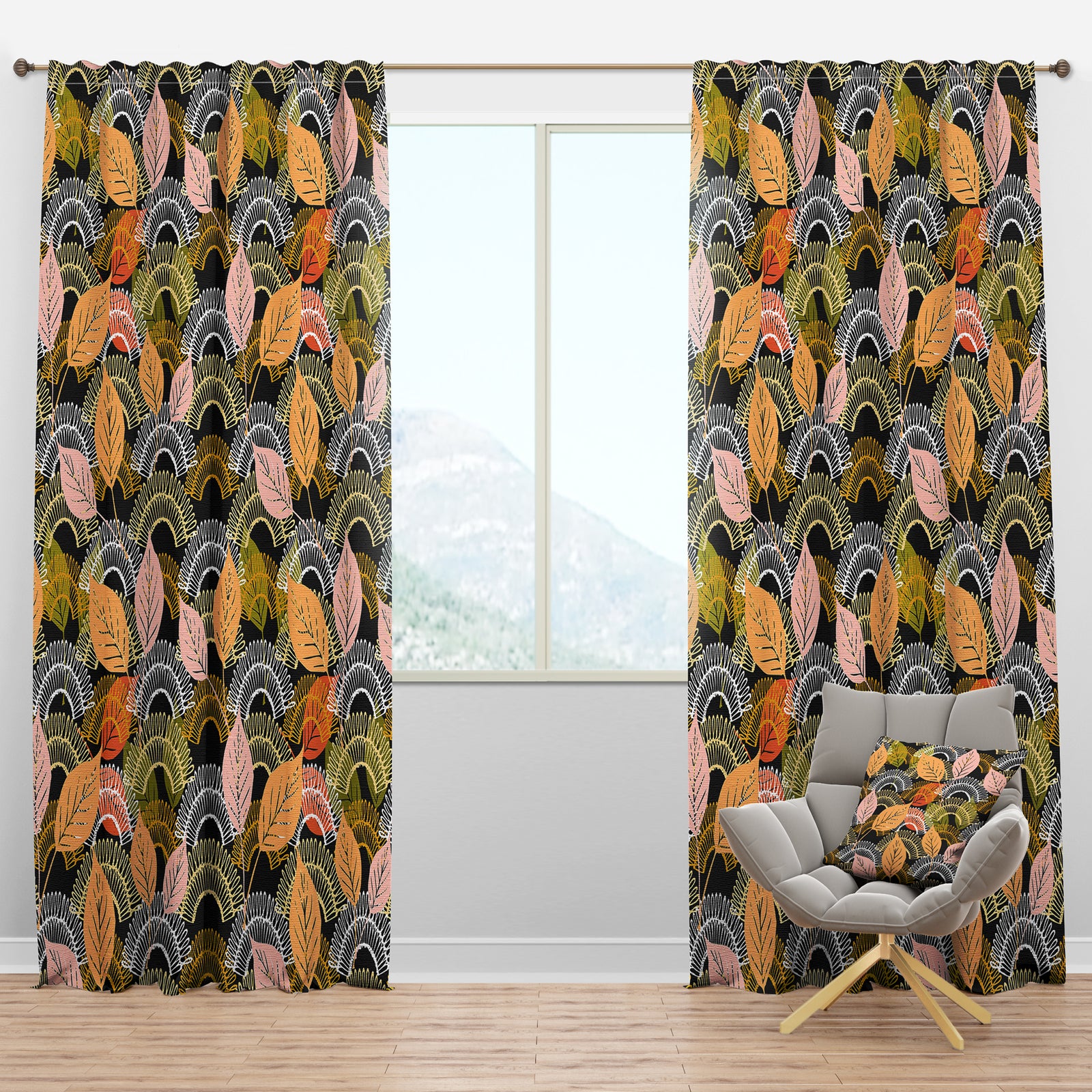 Autumn leaves lace textured pattern - Mid-Century Modern Curtain Panels