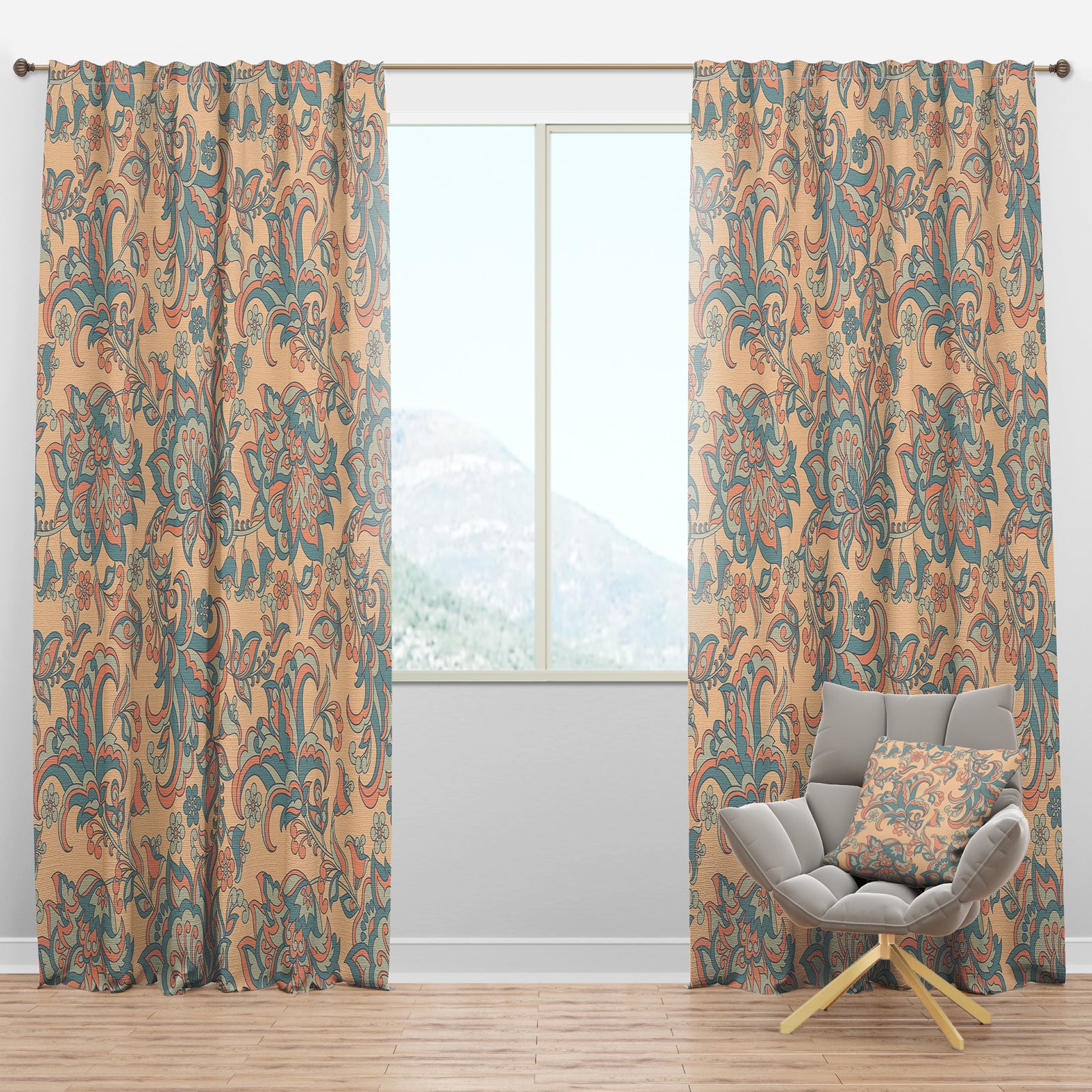 Retro Indian Floral Batik II - Mid-Century Modern Curtain Panels