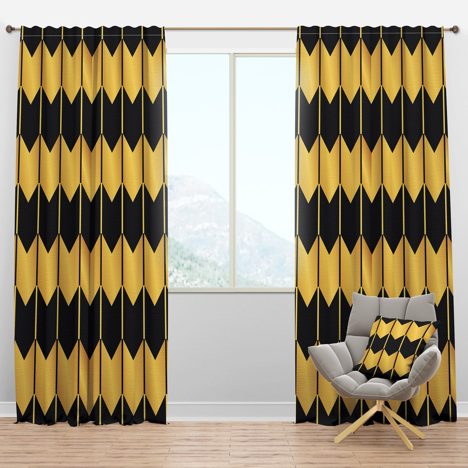 Golden Luxury Metallic Geometrics V - Mid-Century Modern Curtain Panels