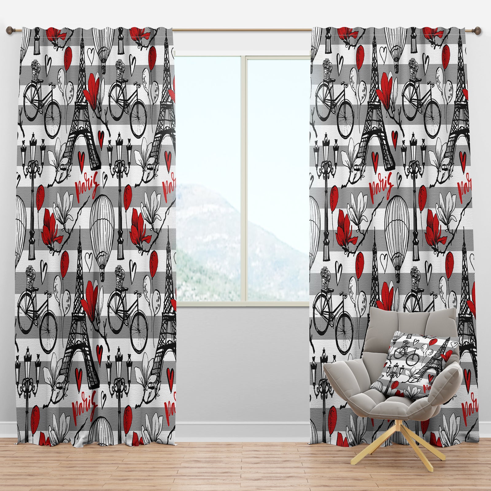 Paris Eiffel Red Hearts II - Mid-Century Modern Curtain Panels