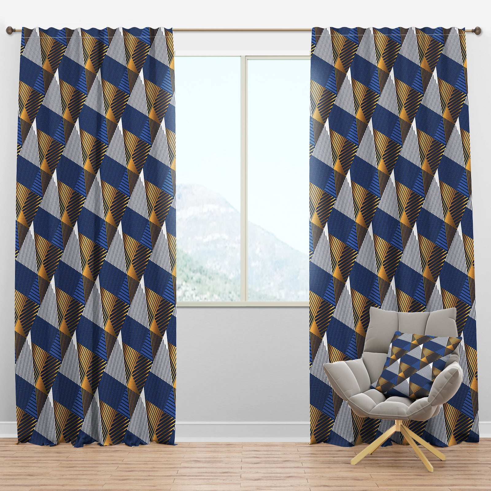 Retro Luxury Waves In Gold And Blue V - Mid-Century Modern Curtain Panels