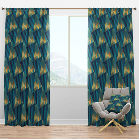 Retro Luxury Waves In Gold And Blue VII - Mid-Century Modern Curtain Panels