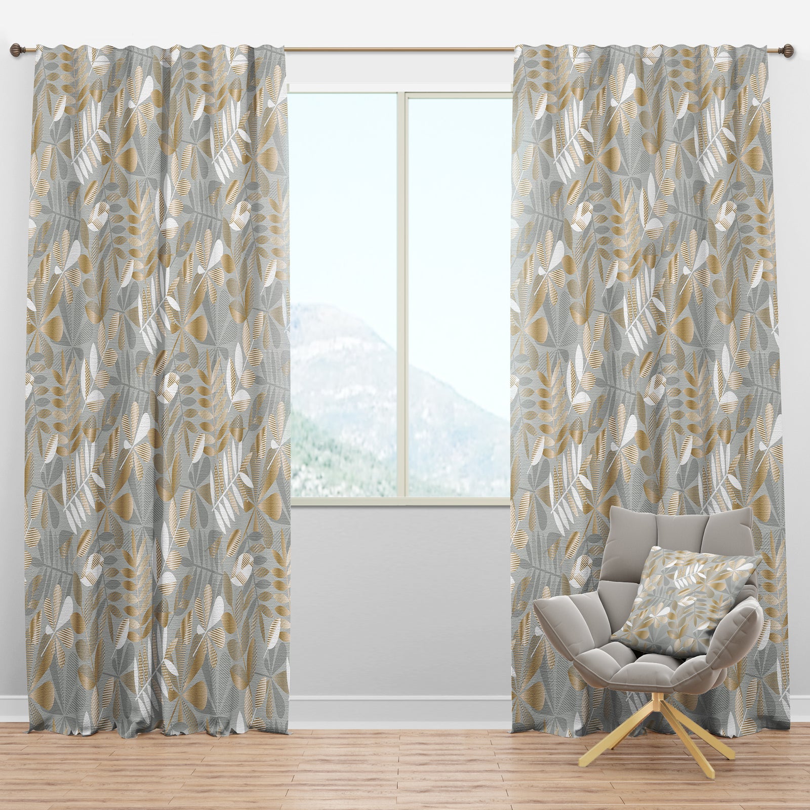 Golden Tropical Pattern VIII - Mid-Century Modern Curtain Panels