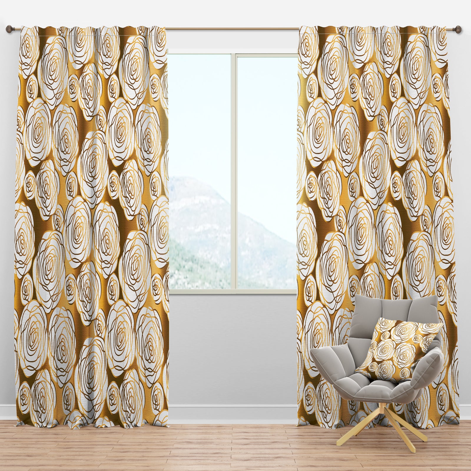 Golden Floral III - Mid-Century Modern Curtain Panels