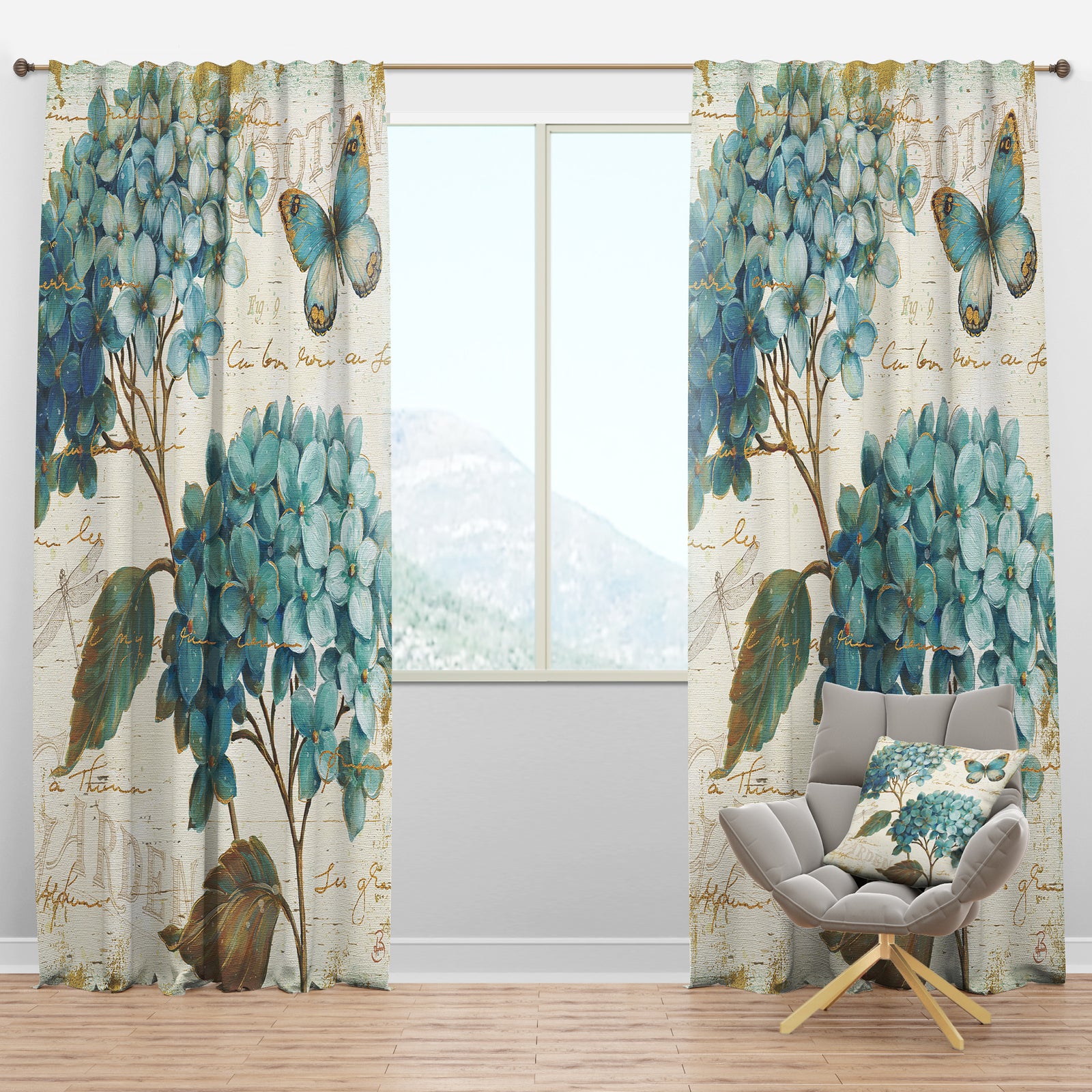 butterfly Blue Garden I - Farmhouse Curtain Panels