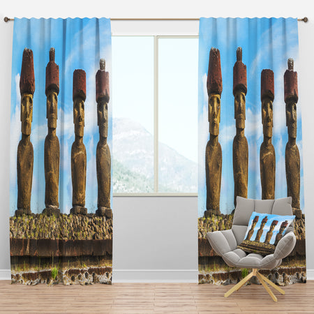 Moai with Red Topknot Hat - Portrait Photo Curtain Panels