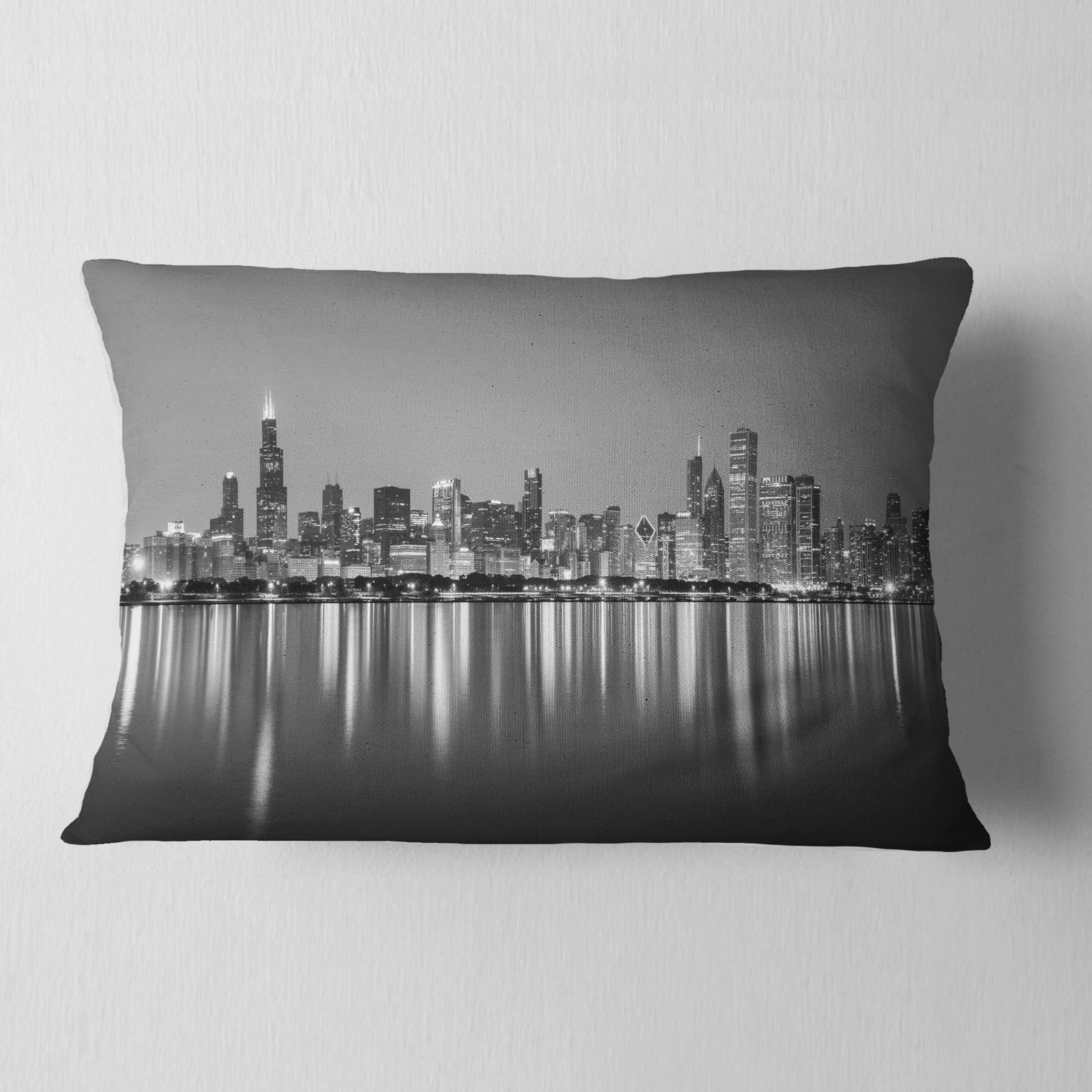 Chicago Skyline at Night Black and White - Cityscape Throw Pillow