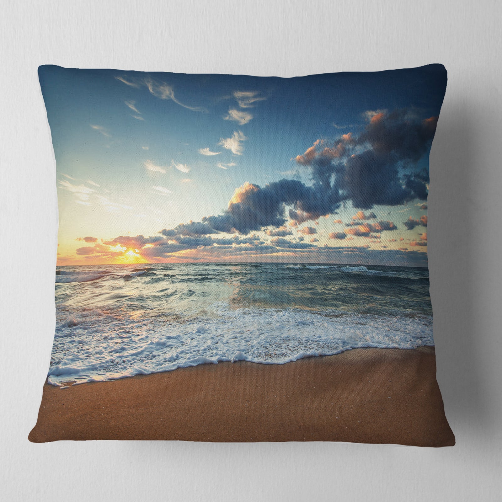 Sunrise and Glowing Waves in Ocean - Seascape Throw Pillow