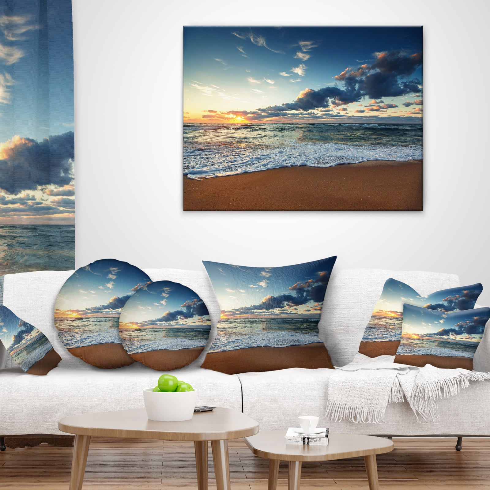 Sunrise and Glowing Waves in Ocean - Seascape Throw Pillow
