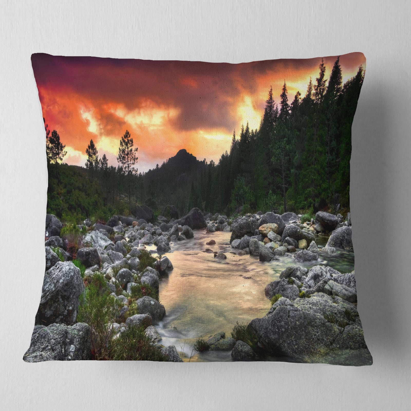 Rocky Mountain River at Sunset - Landscape Printed Throw Pillow