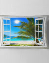 Window Open to Beach with Palm - Seashore Throw Pillow