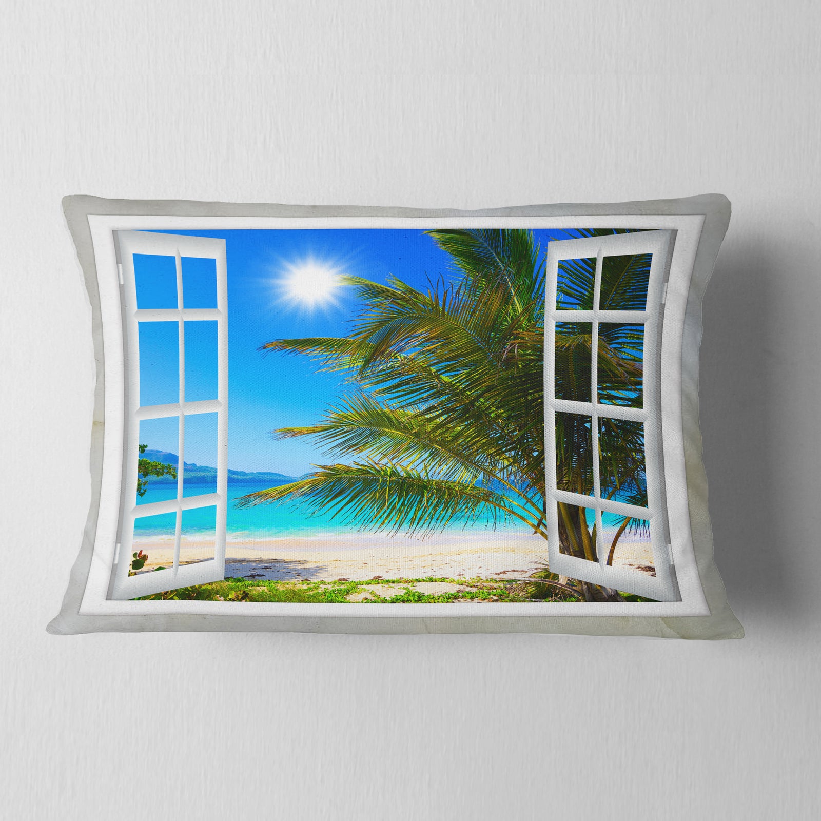 Window Open to Beach with Palm - Seashore Throw Pillow