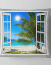 Window Open to Beach with Palm - Seashore Throw Pillow