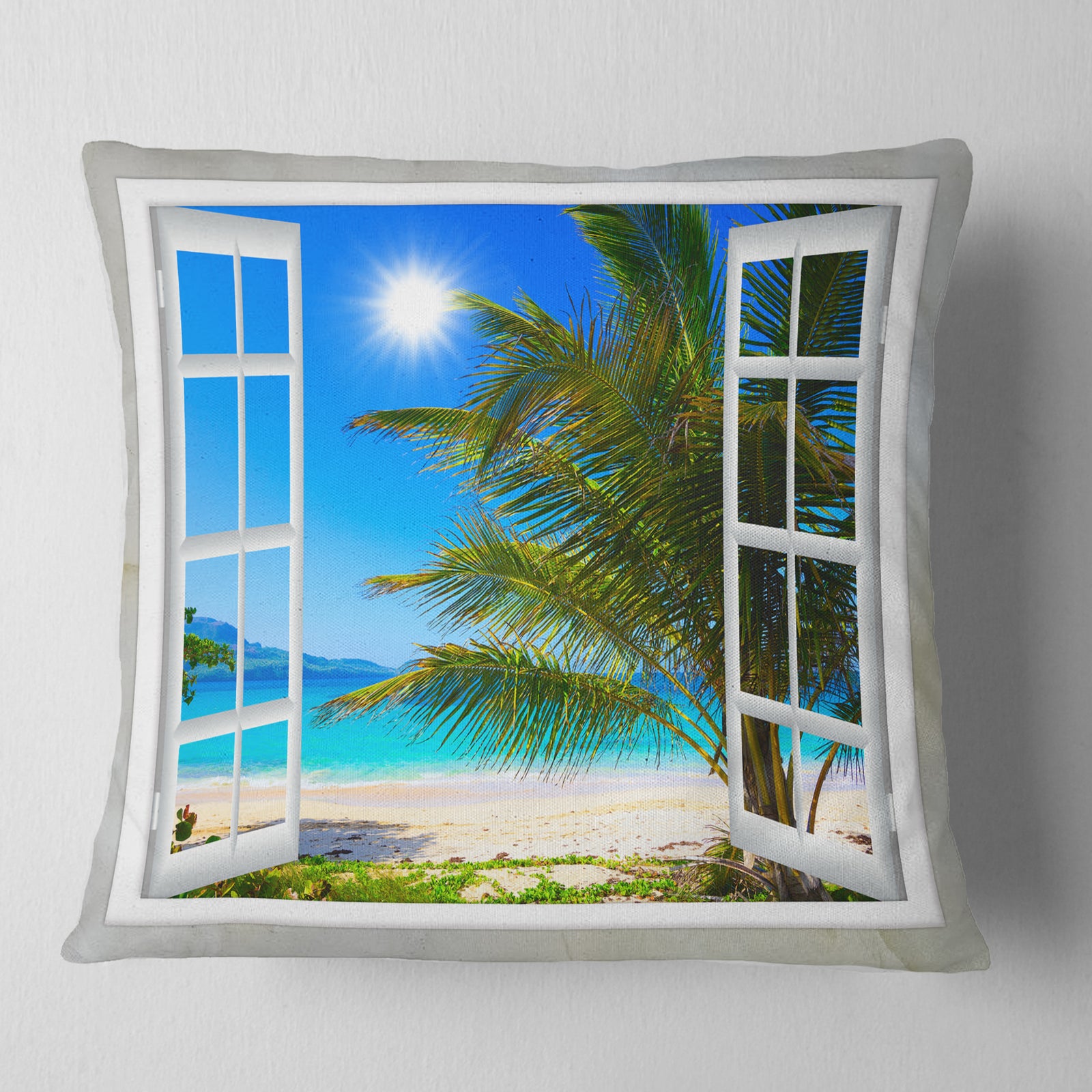 Window Open to Beach with Palm - Seashore Throw Pillow