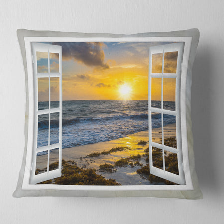 Open Window to Bright Yellow Sunset - Modern Seascape Throw Pillow