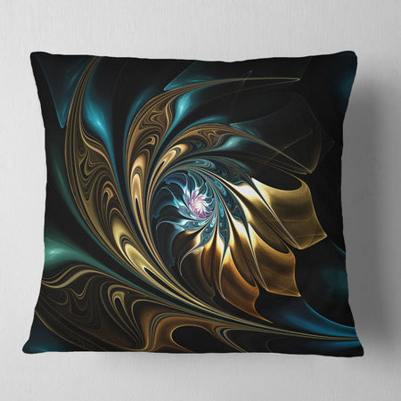 Brown Blue Fractal Flower in Black - Abstract Throw Pillow