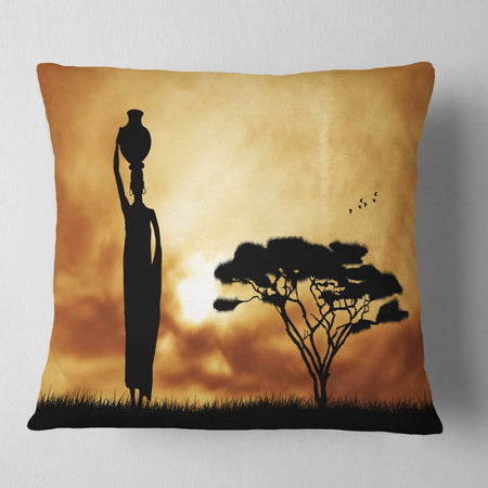 African Woman and Lonely Tree - African Landscape Printed Throw Pillow