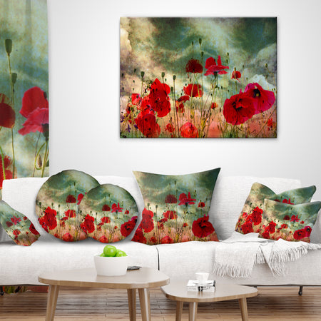 Wild Red Poppy Flowers in Sky - Floral Throw Pillow