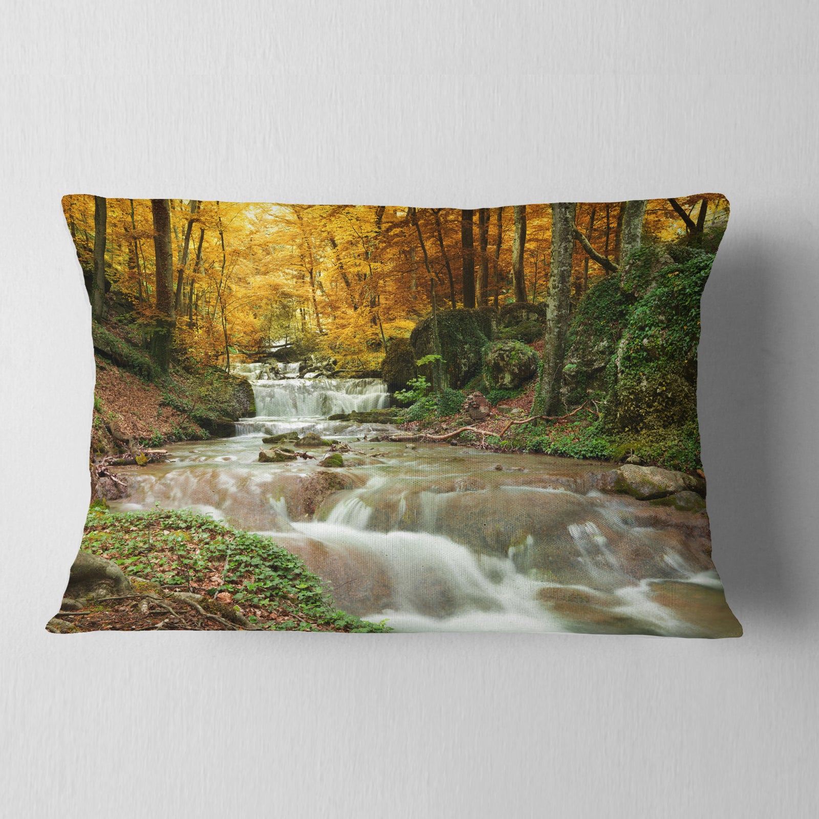 Forest Waterfall with Yellow Trees - Landscape Printed Throw Pillow