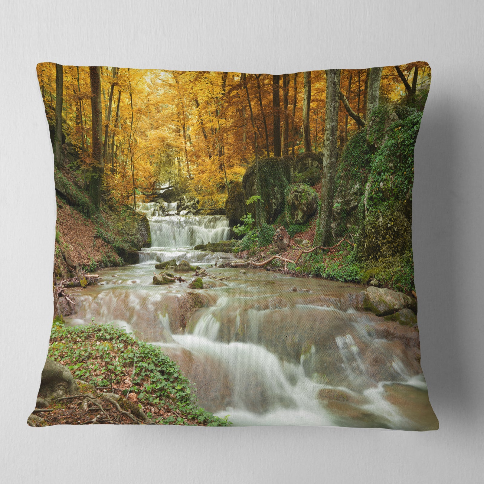 Forest Waterfall with Yellow Trees - Landscape Printed Throw Pillow