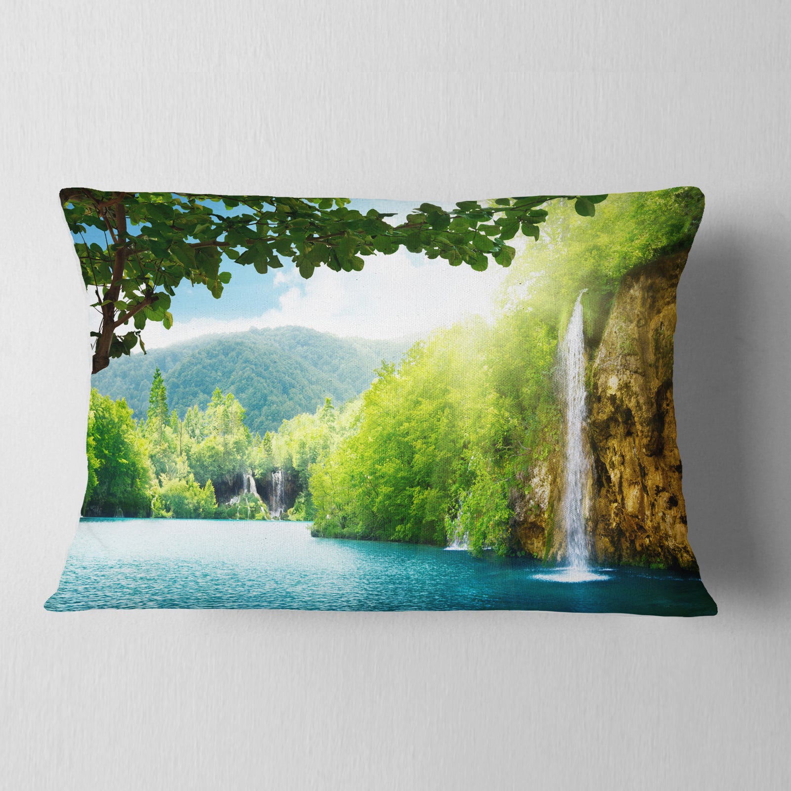 Waterfall in Deep Forest - Landscape Photography Throw Pillow
