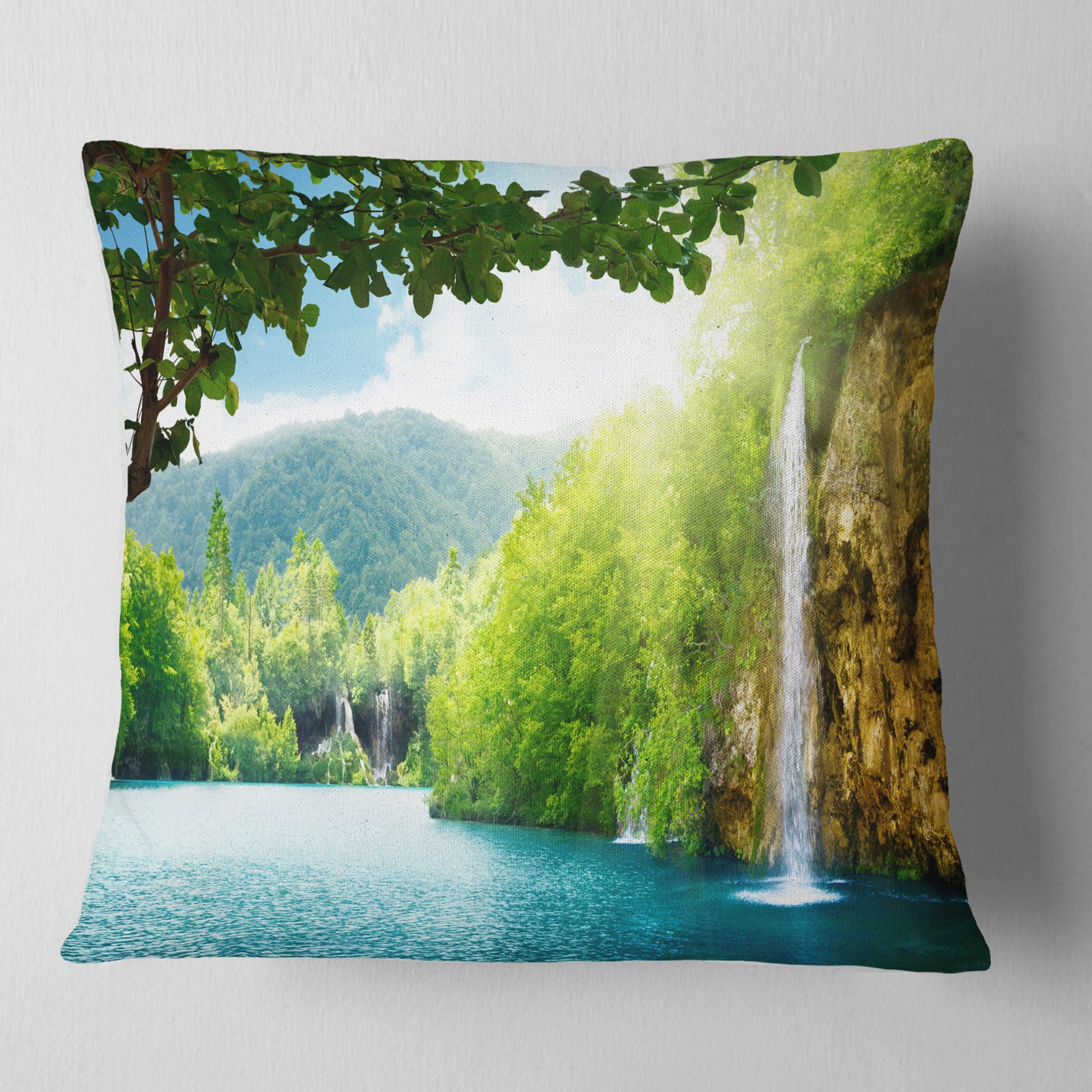 Waterfall in Deep Forest - Landscape Photography Throw Pillow