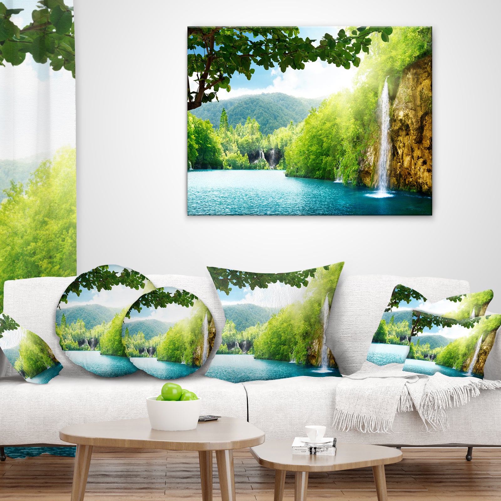 Waterfall in Deep Forest - Landscape Photography Throw Pillow