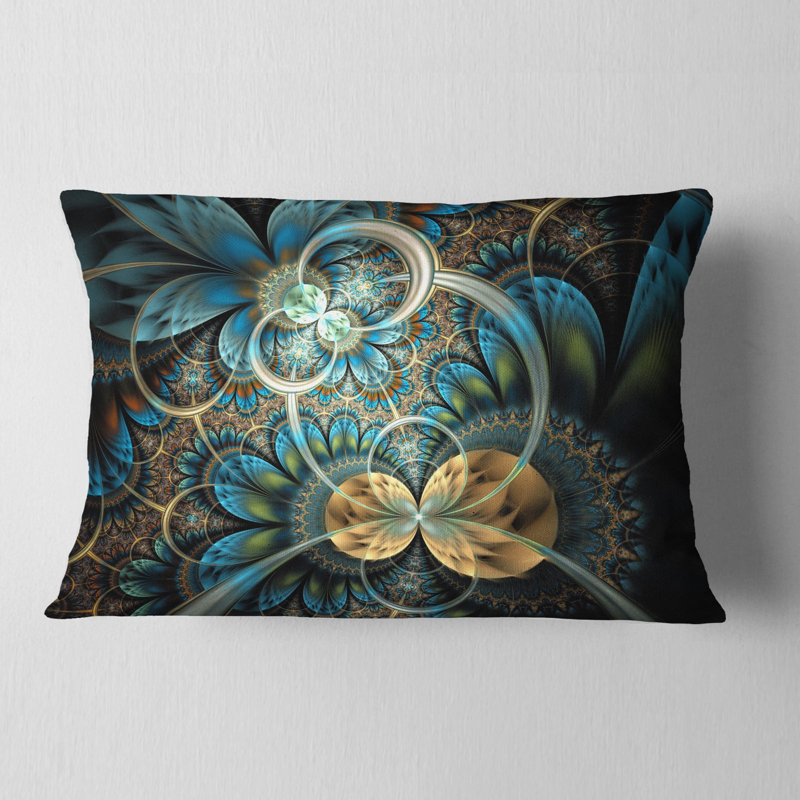 Symmetrical Blue Gold Fractal Flower - Abstract Throw Pillow