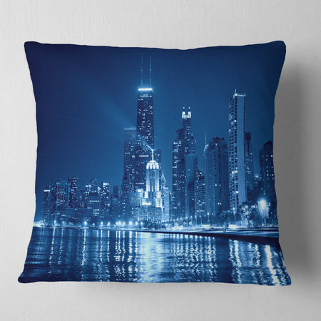 Blue Chicago Skyline Night - Cityscape Photo Throw Pillow