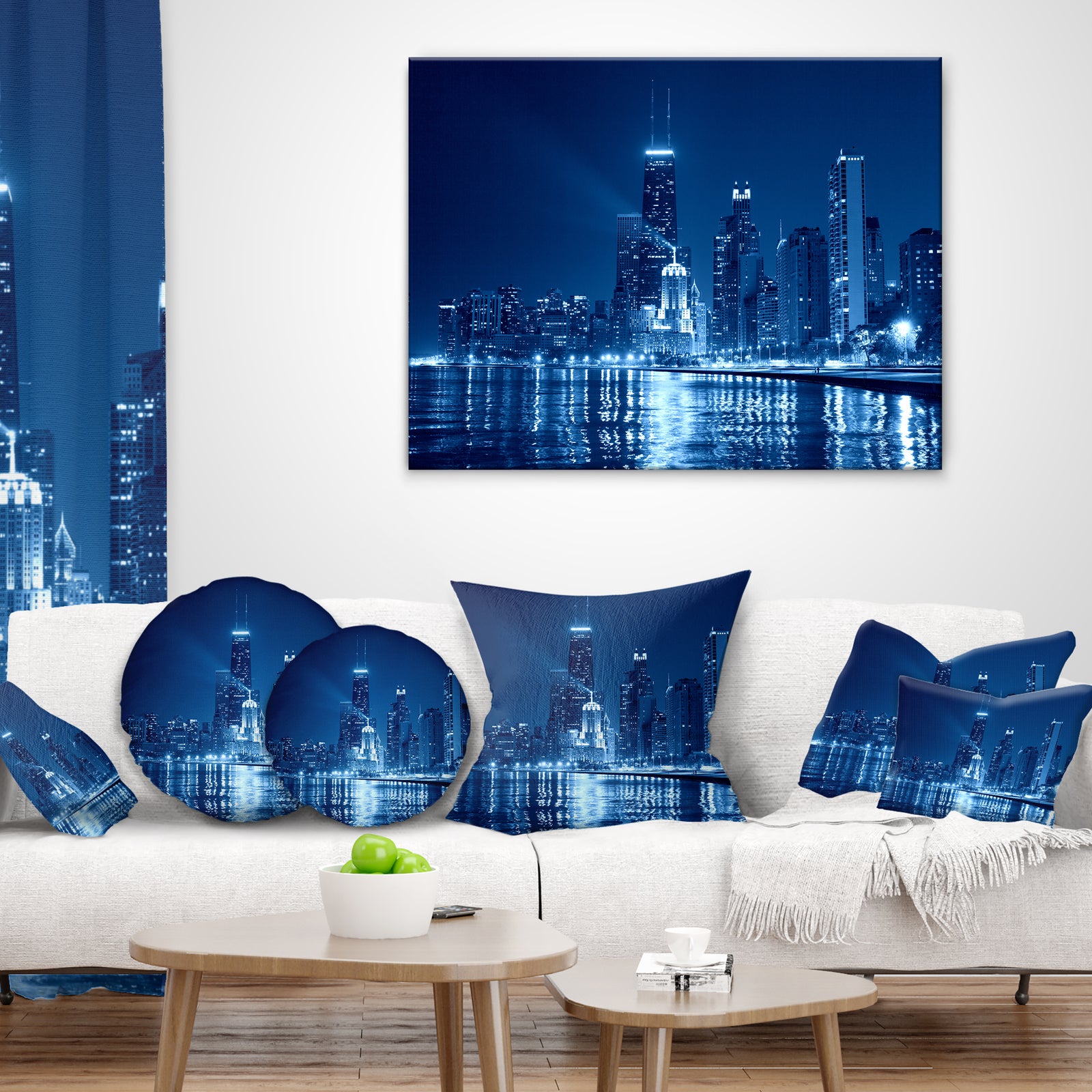 Blue Chicago Skyline Night - Cityscape Photo Throw Pillow