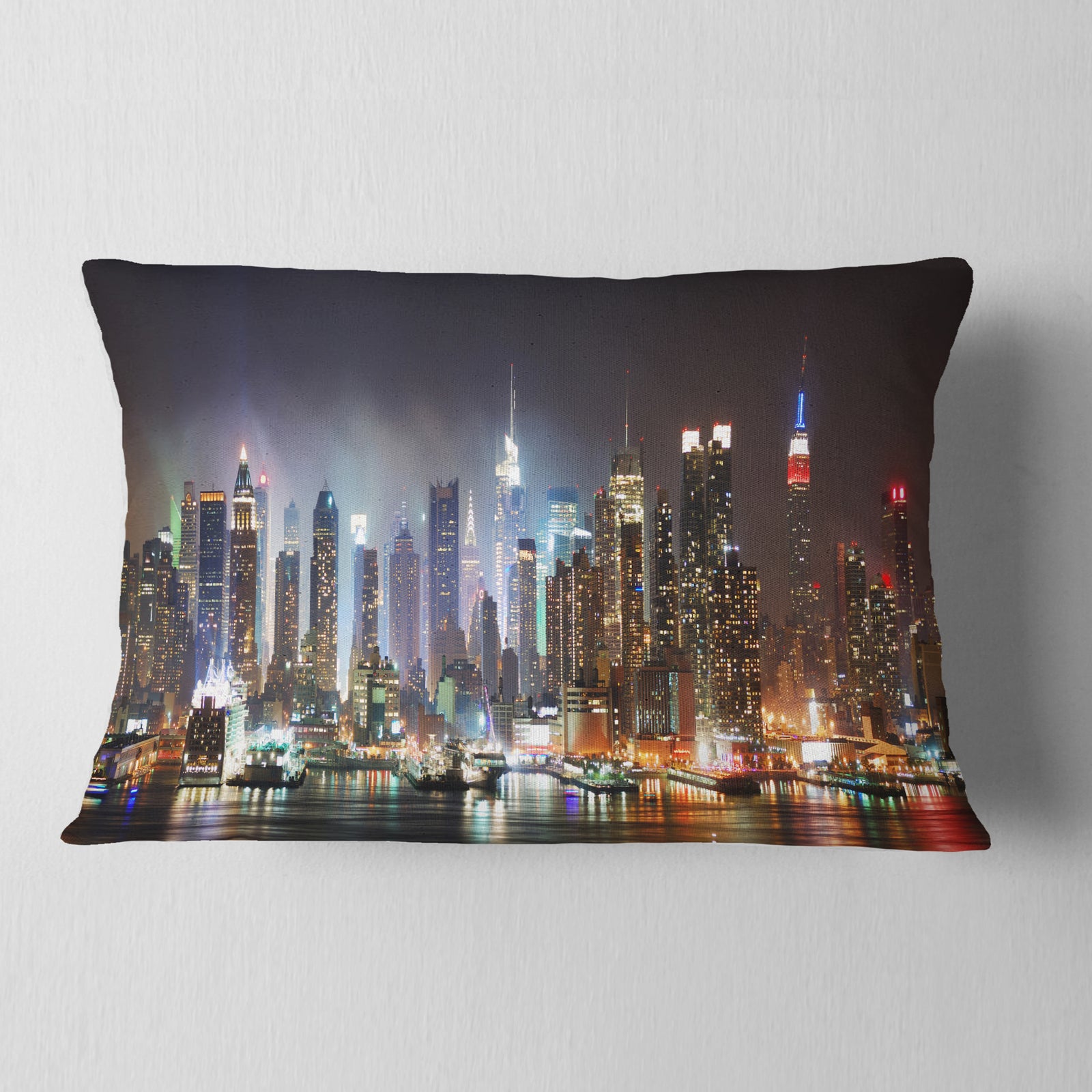 Lit NYC Manhattan Skyline - Cityscape Photo Throw Pillow