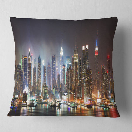 Lit NYC Manhattan Skyline - Cityscape Photo Throw Pillow