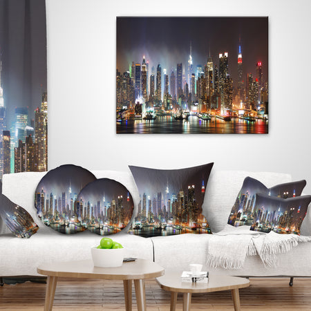 Lit NYC Manhattan Skyline - Cityscape Photo Throw Pillow