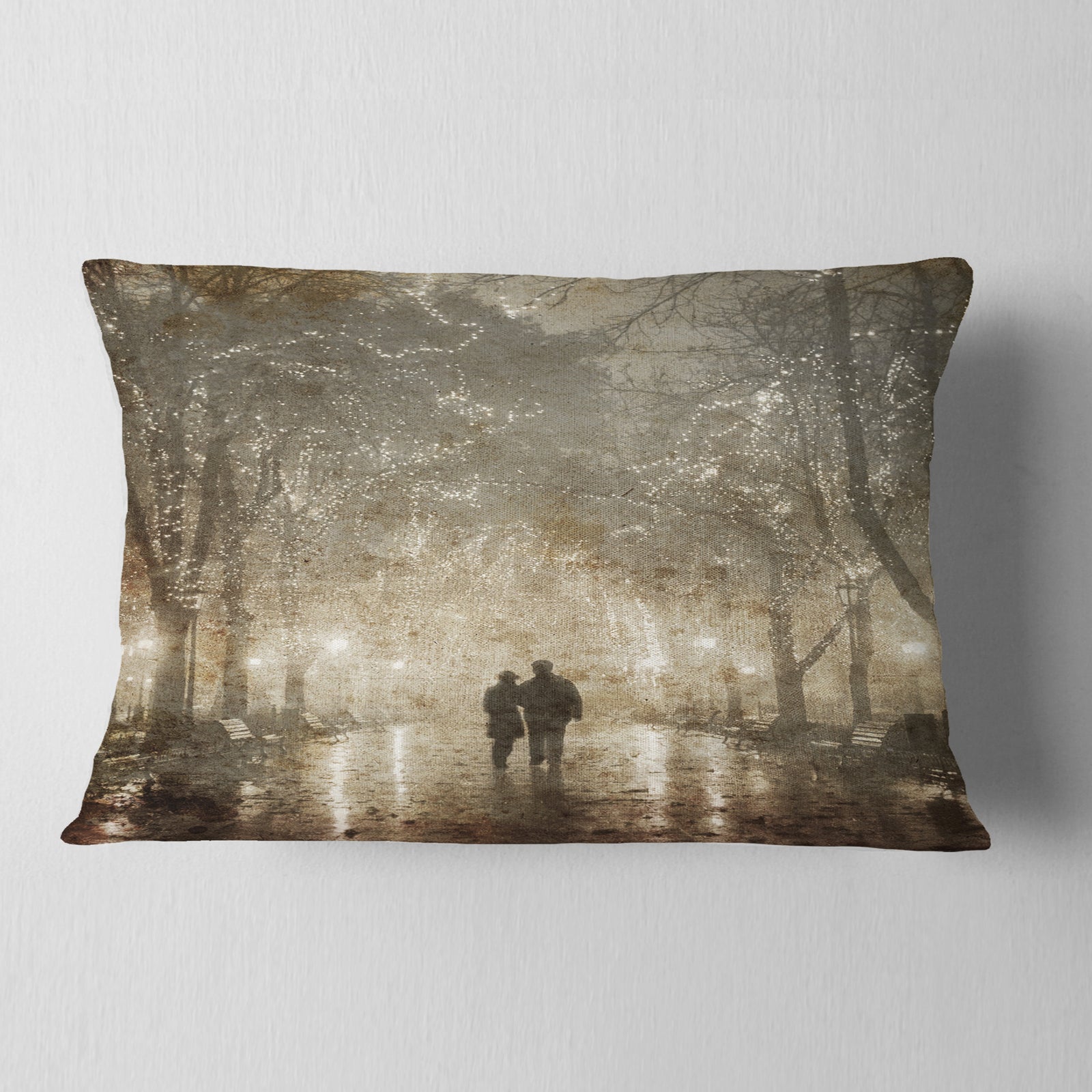 Couple Walking in Night Lights - Landscape Photography Throw Pillow