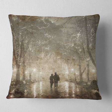 Couple Walking in Night Lights - Landscape Photography Throw Pillow
