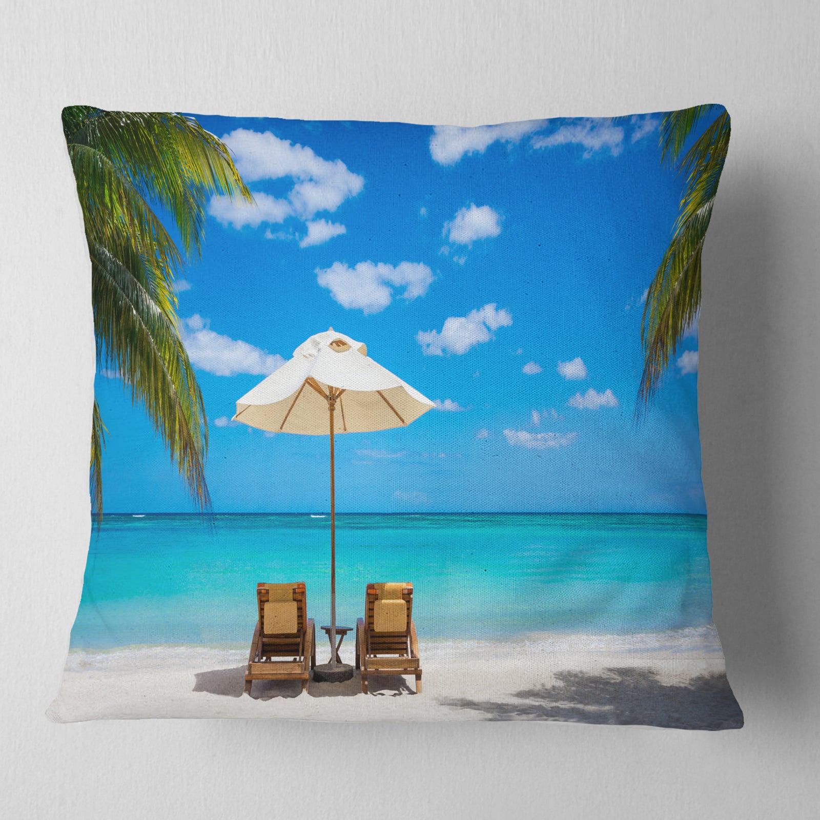 Turquoise Beach with Chairs - Seashore Photo Throw Pillow