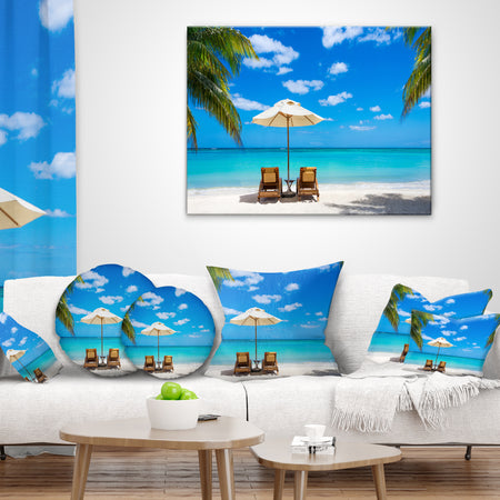 Turquoise Beach with Chairs - Seashore Photo Throw Pillow
