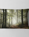 Light in Dense Fall Forest with Fog - Landscape Printed Throw Pillow