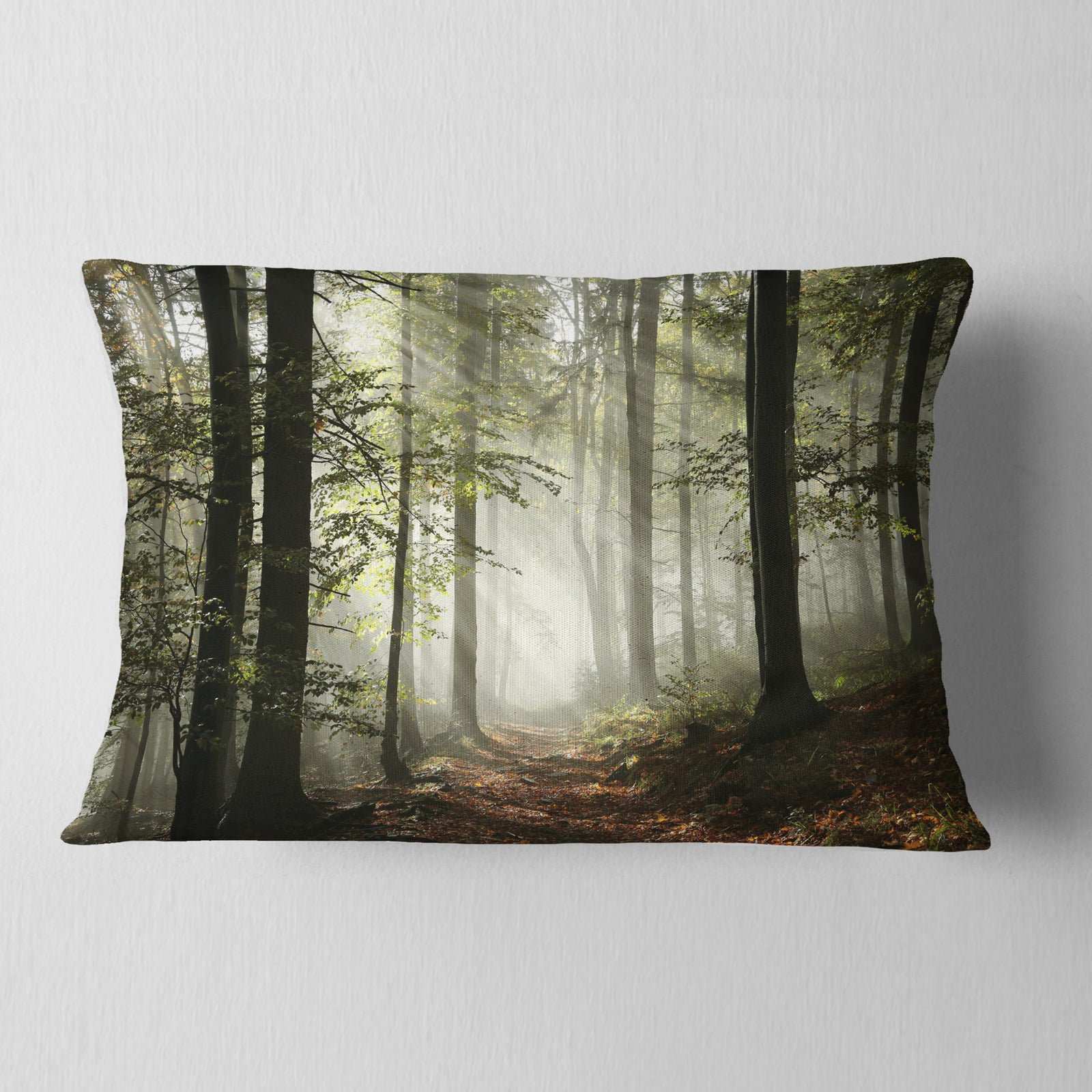Light in Dense Fall Forest with Fog - Landscape Printed Throw Pillow