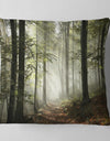 Light in Dense Fall Forest with Fog - Landscape Printed Throw Pillow