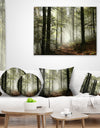 Light in Dense Fall Forest with Fog - Landscape Printed Throw Pillow